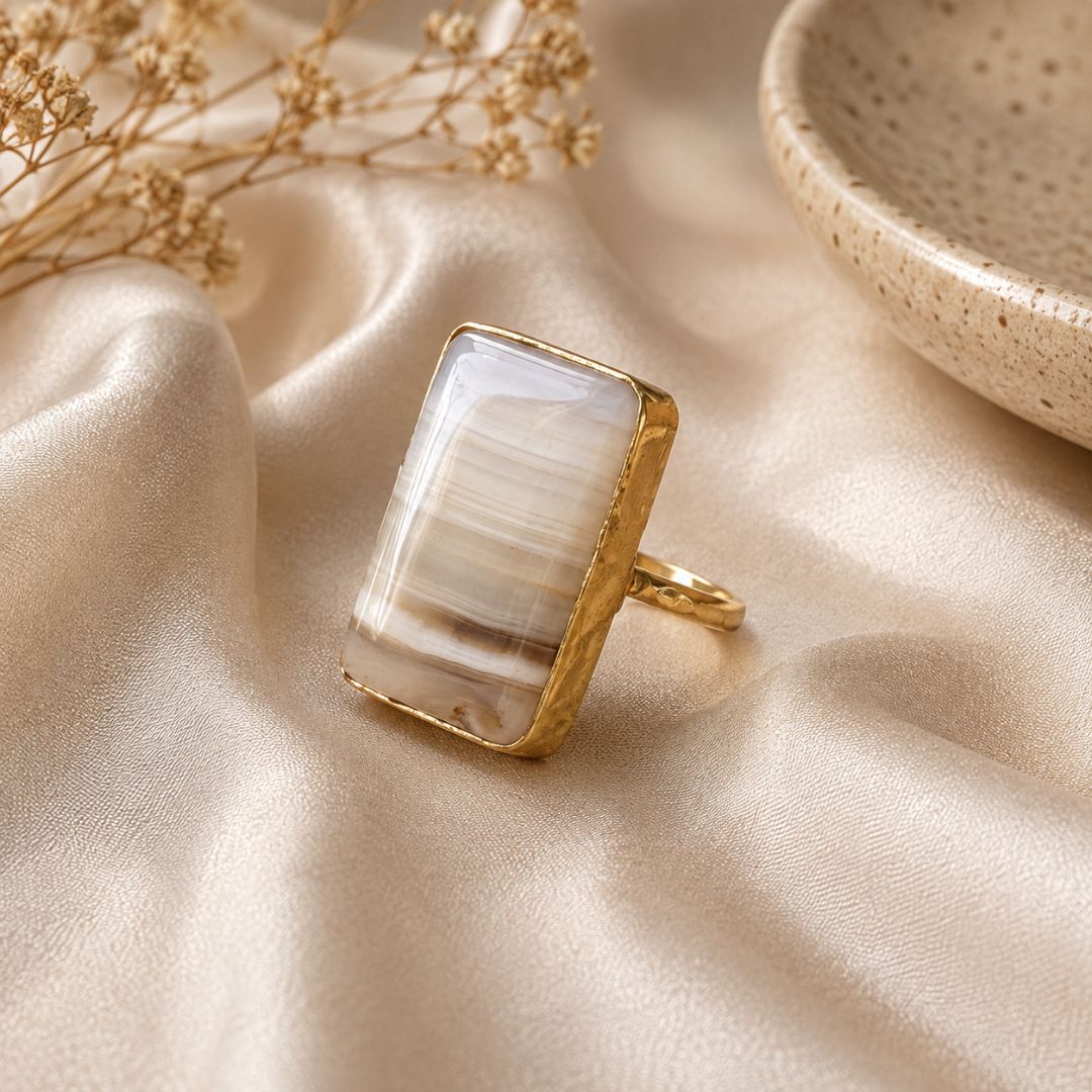 Rectangular Banded Agate Ring – Minimalist Statement Stone Ring