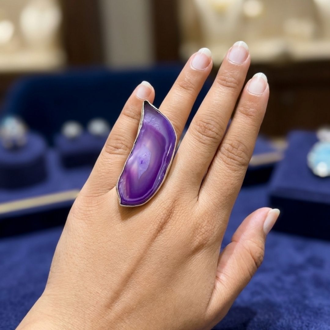 Handcrafted German Oxidized Silver Ring with Natural Purple Agate Slice | Adjustable Statement Ring