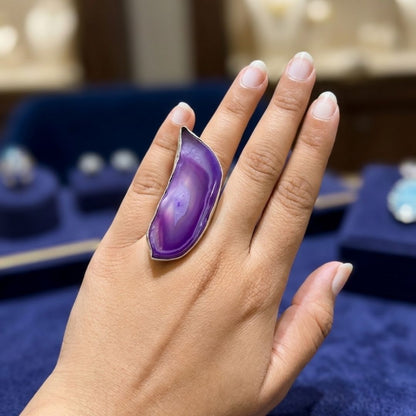 Handcrafted German Oxidized Silver Ring with Natural Purple Agate Slice | Adjustable Statement Ring
