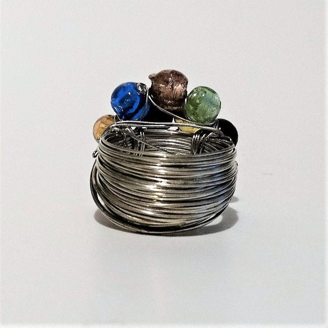 Handmade Multi Color Beaded Wire Wrap Cluster Ring