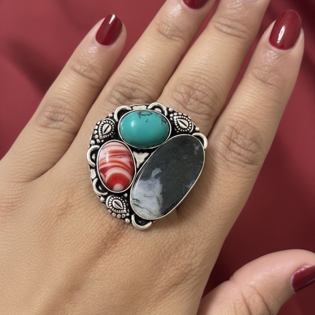 Natural Multi-Stone Oxidised Silver Statement Ring
