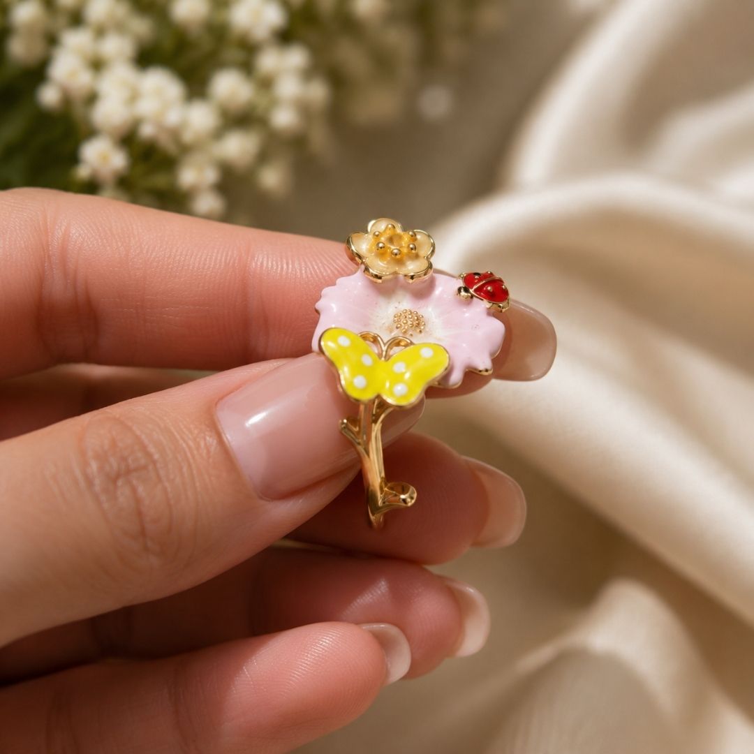 Ladybug Blossom Adjustable Ring – 18K Gold Plated Enamel Floral Ring