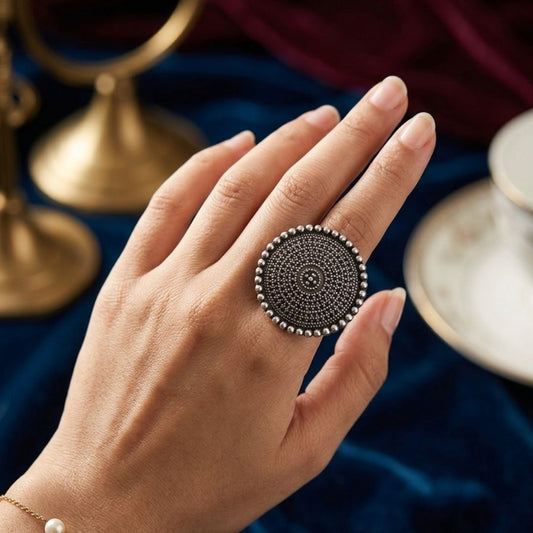 Elegant German Silver Oxidized Circular Statement Ring