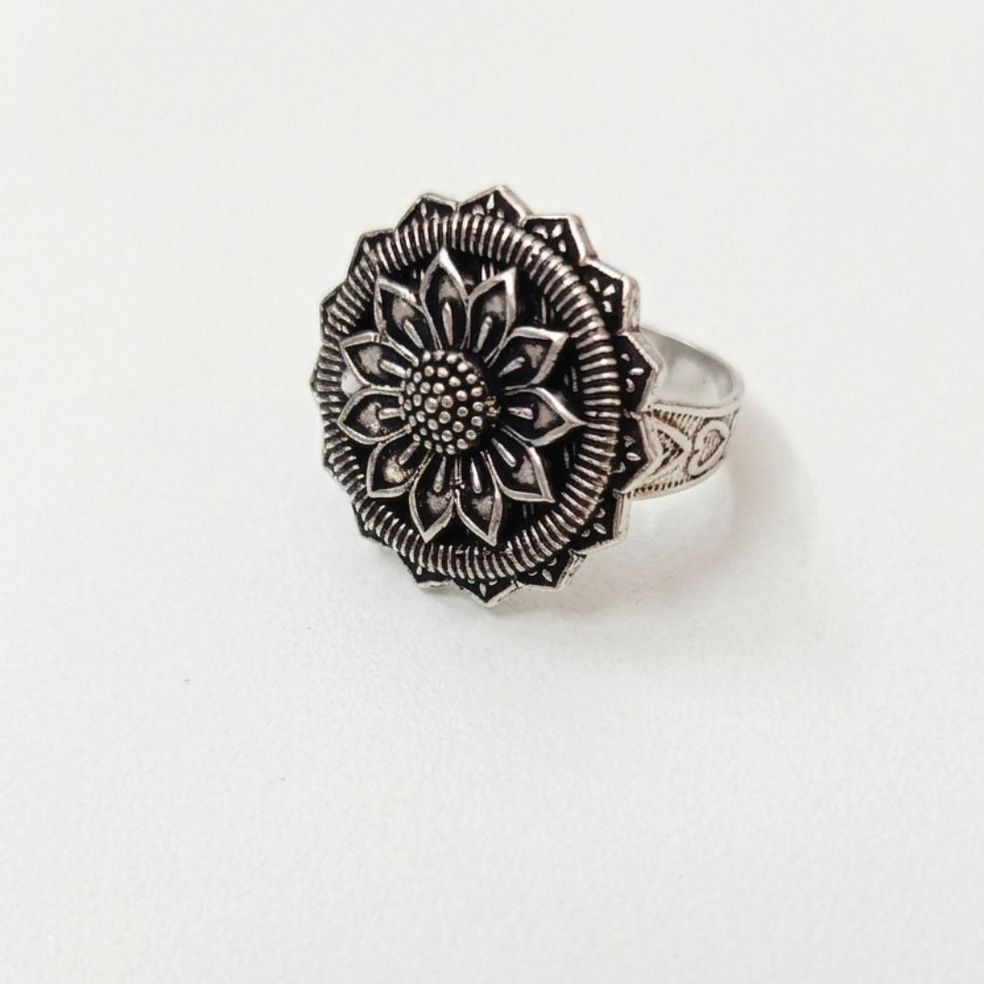 Oxidized German Silver Sunflower Floral Statement Ring