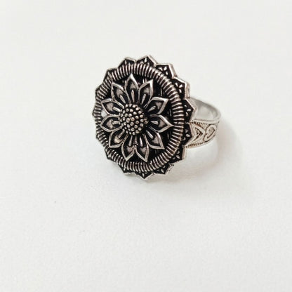 Oxidized German Silver Sunflower Floral Statement Ring