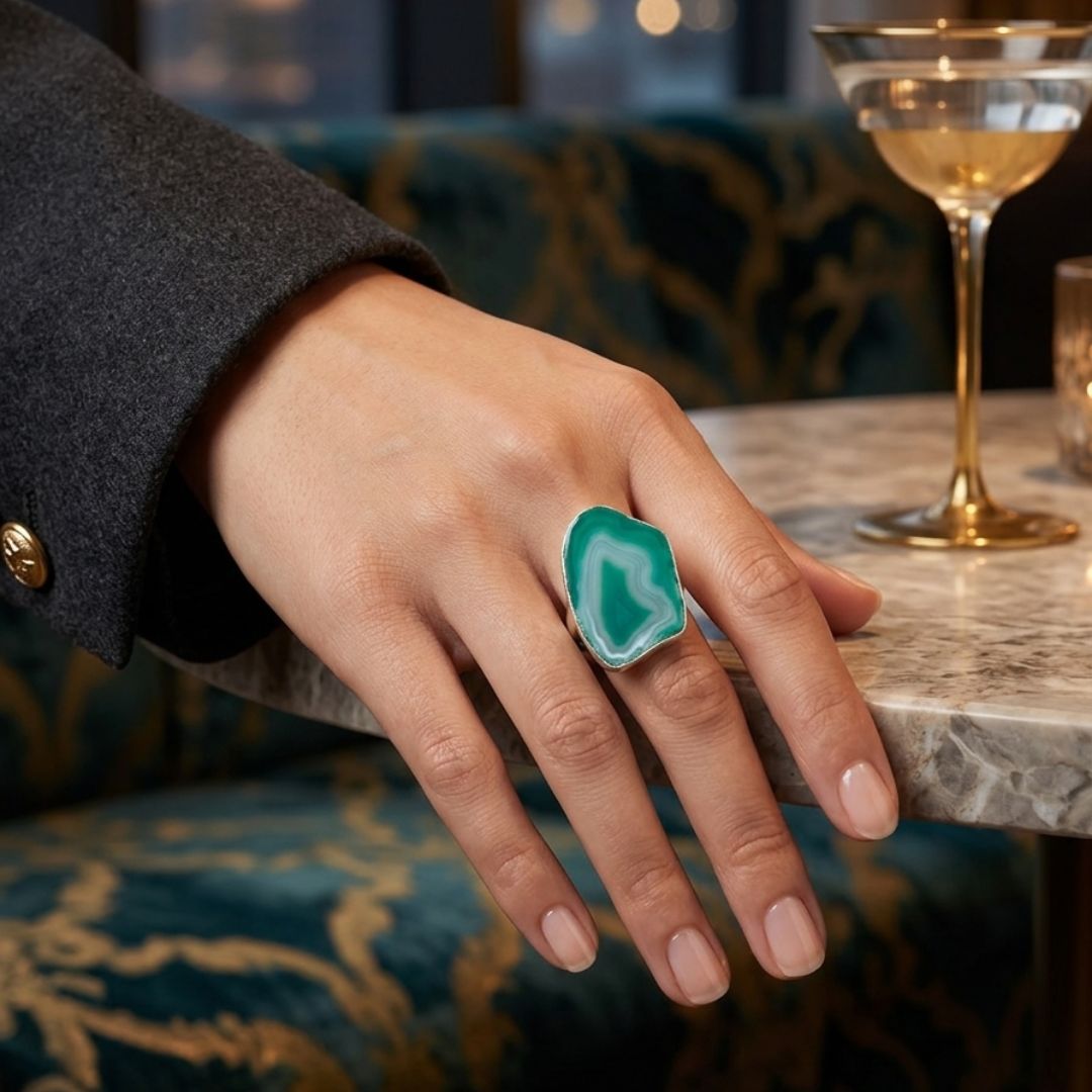 Green Agate Slice Statement Ring in Silver