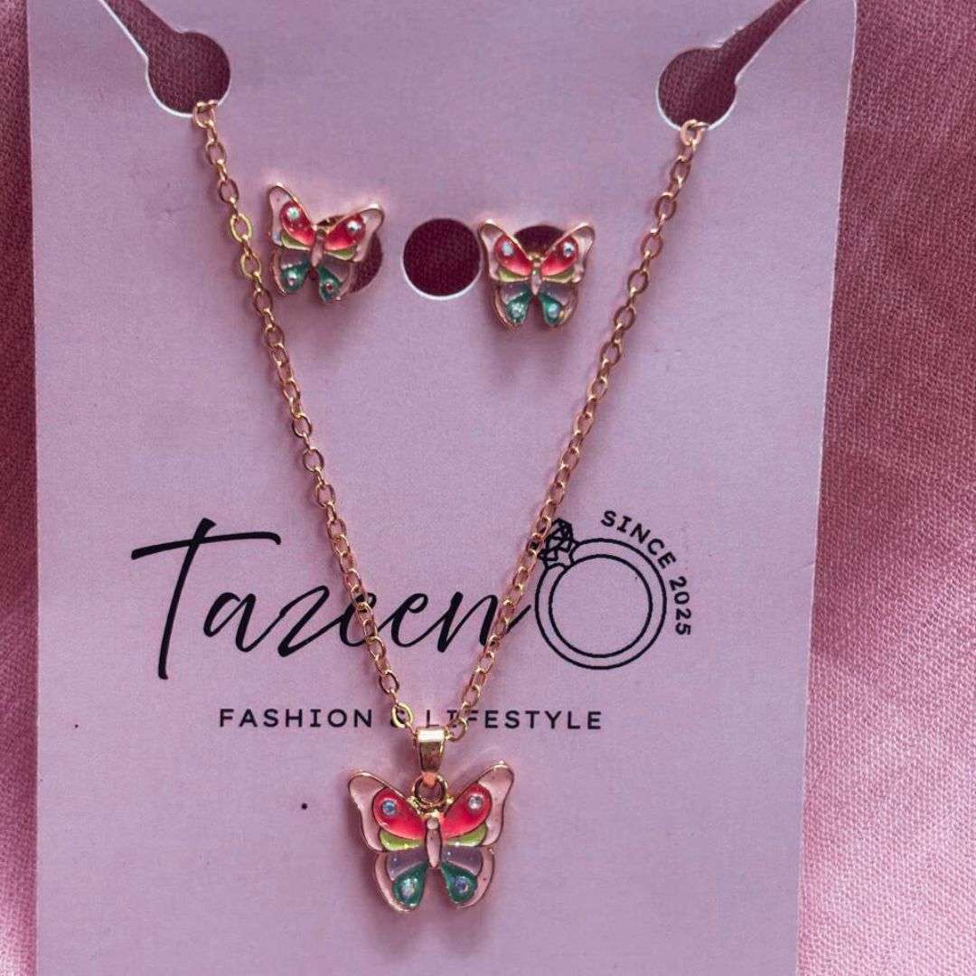 Kids Butterfly Necklace & Earring Set – Multicolor Enamel
