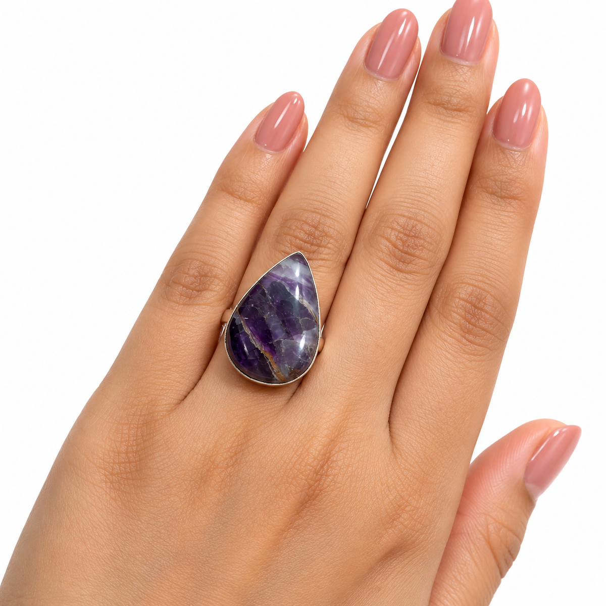 Oxidised Silver Teardrop Ring with Purple Natural Stone