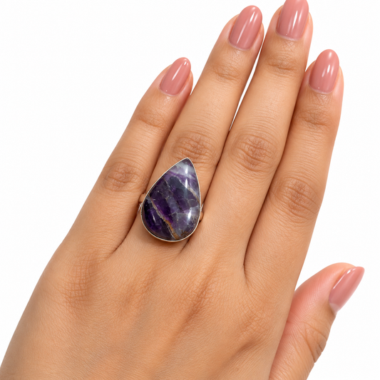 Oxidised Silver Teardrop Ring with Purple Natural Stone