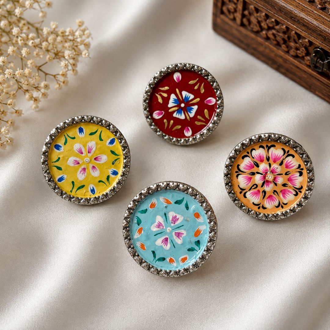 Elegant Meenakari Yellow Floral Silver Adjustable Finger Ring