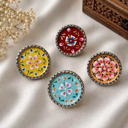 Elegant Meenakari Yellow Floral Silver Adjustable Finger Ring