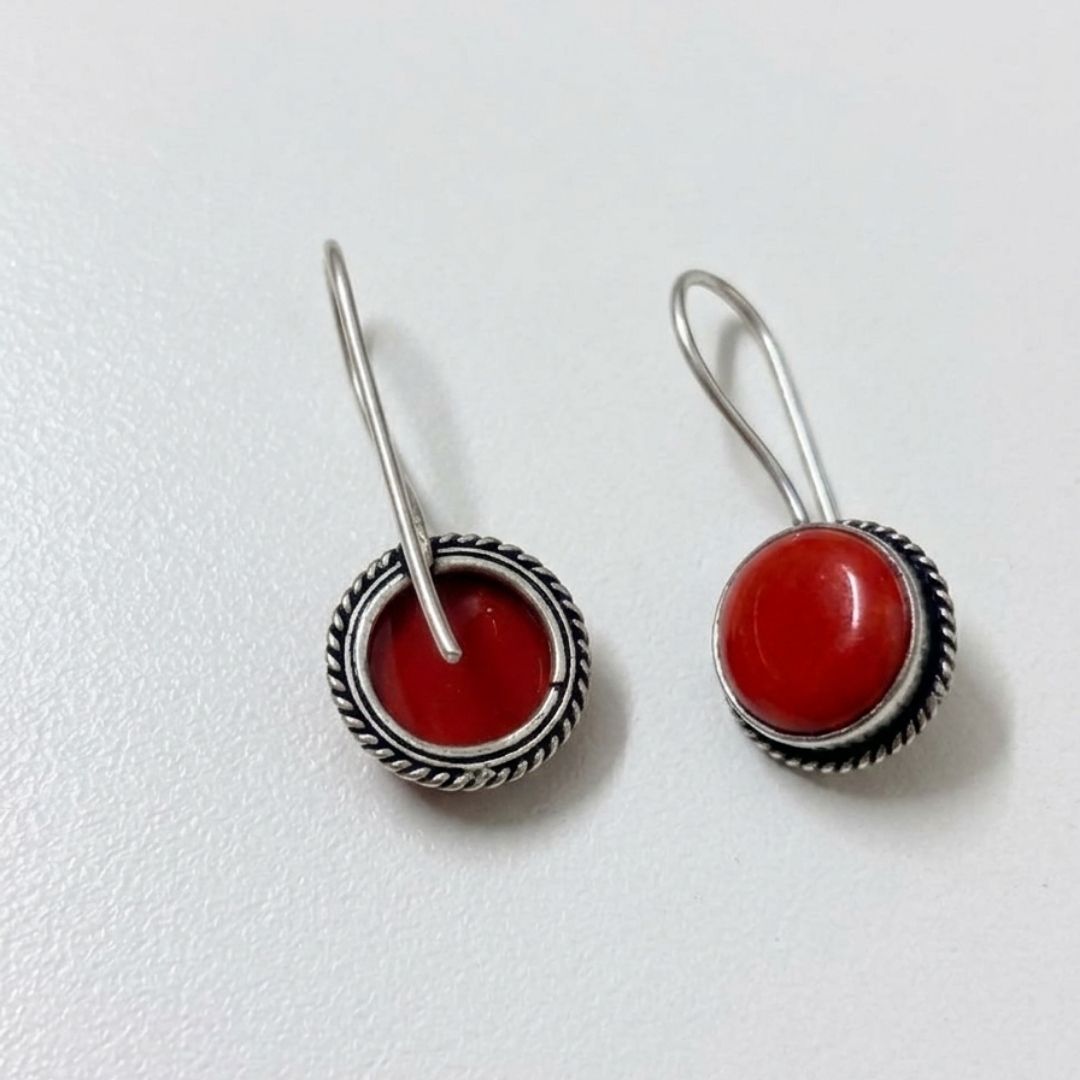 Red Round Stone Silver-Tone Dangle Earrings