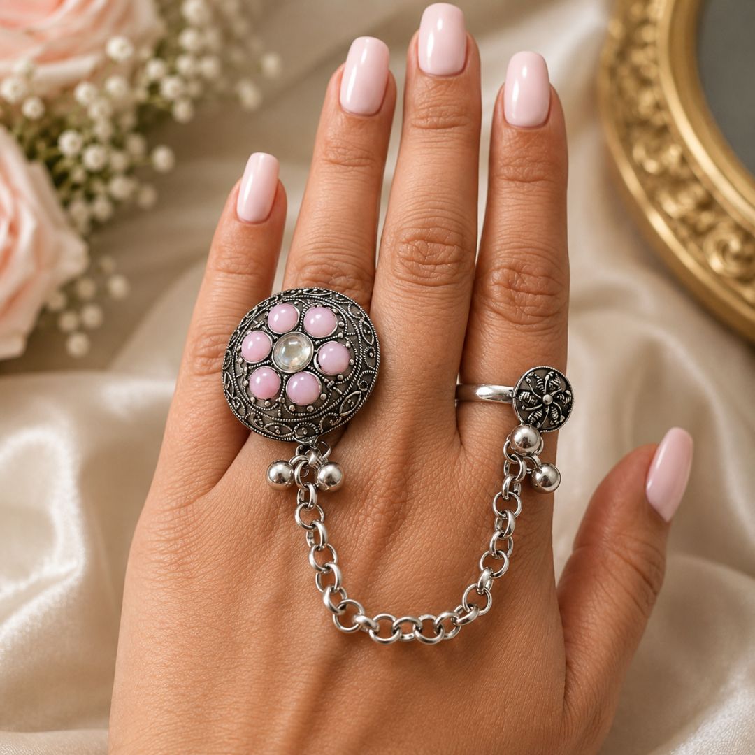 Oxidized German Silver kashmiri style Pink Stone Floral Chain Hand Harness Ring