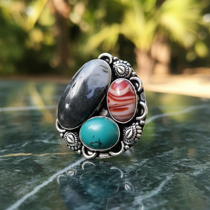 Natural Multi-Stone Oxidised Silver Statement Ring