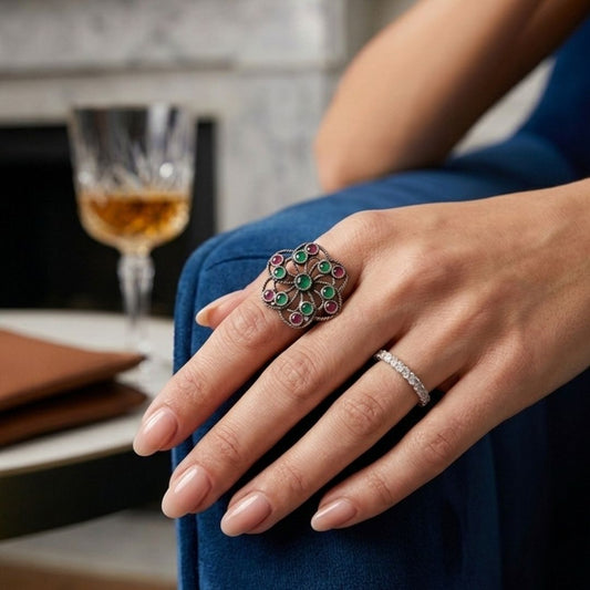 Oxidized German Silver Red & Green Stone Floral Statement Ring
