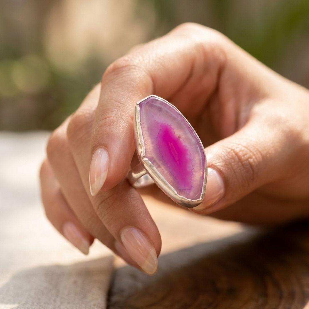 German Oxidized Silver Marquise Ring with Natural Purple Agate Stone | Adjustable Handmade Jewelry