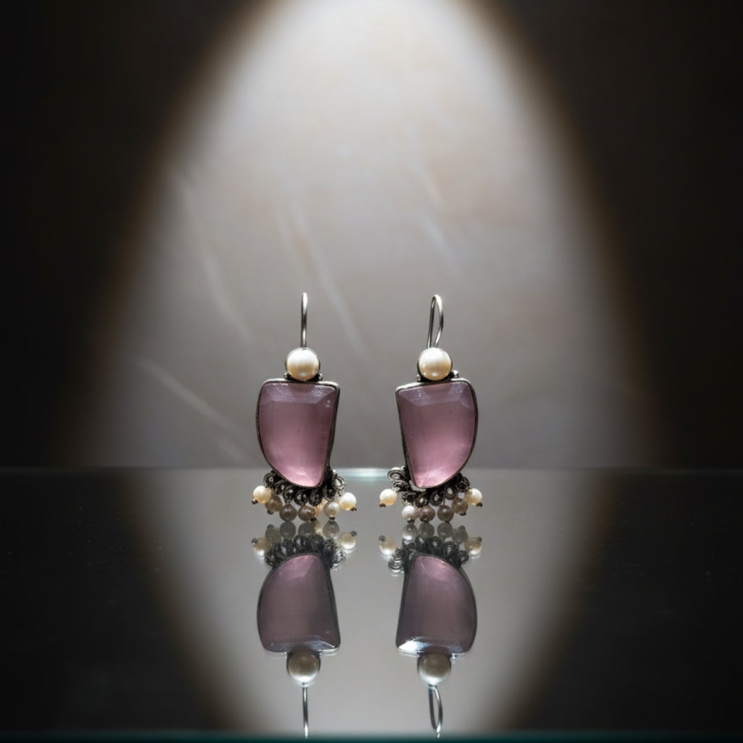 Oxidized Light Purple Stone & Pearl Danglers