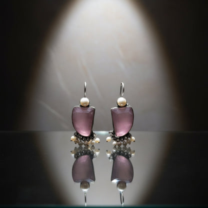 Oxidized Light Purple Stone & Pearl Danglers