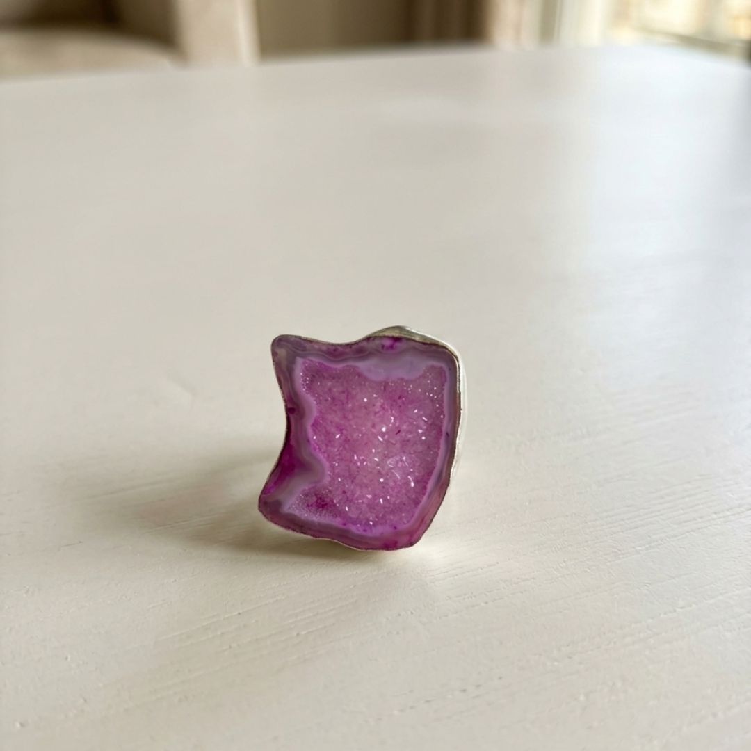 Pink Druzy Agate Statement Ring in Sterling Silver