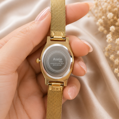 Annie Aura Oval Gold Mesh Watch – Elegant 18KT Gold-Tone Stainless Steel Watch for Women