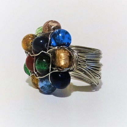Handmade Multi Color Beaded Wire Wrap Cluster Ring