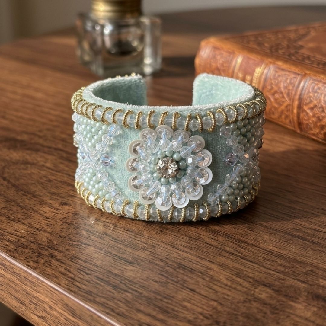 Handmade Adjustable Vintage-Inspired Beaded Velvet Cuff Bracelet