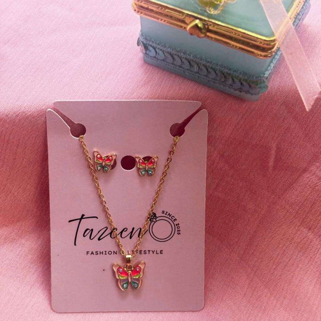 Kids Butterfly Necklace & Earring Set – Multicolor Enamel