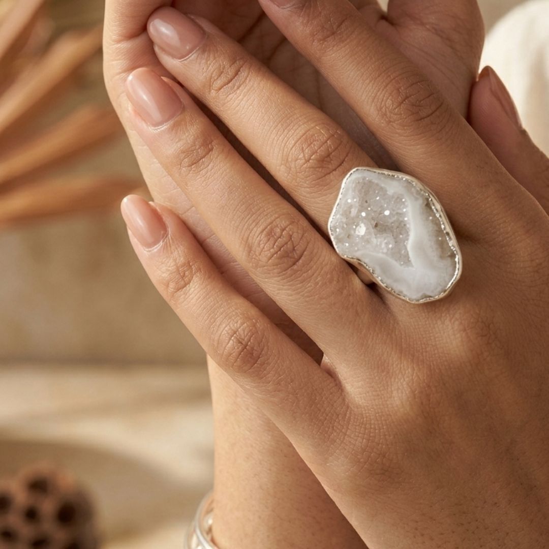 White Druzy Agate Statement Ring in Sterling Silver