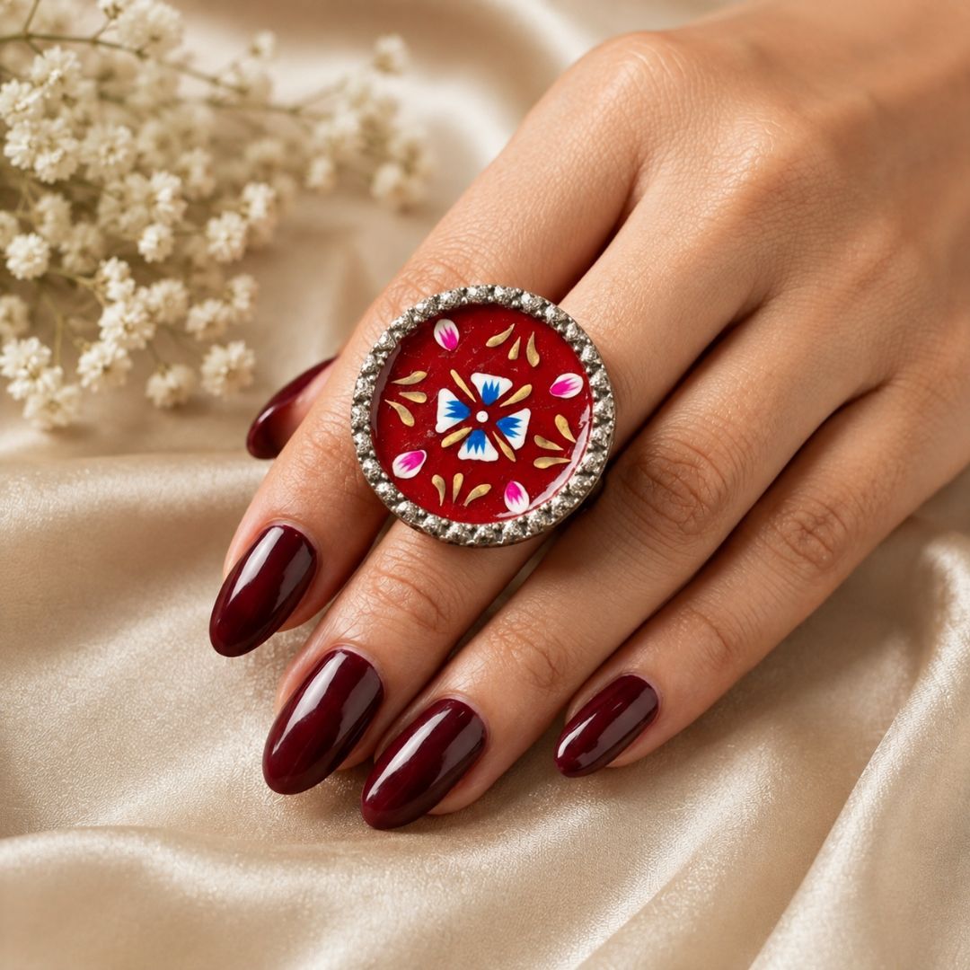 Elegant Meenakari Maroon Floral Silver Adjustable Finger Ring