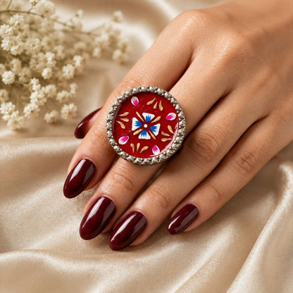 Elegant Meenakari Maroon Floral Silver Adjustable Finger Ring
