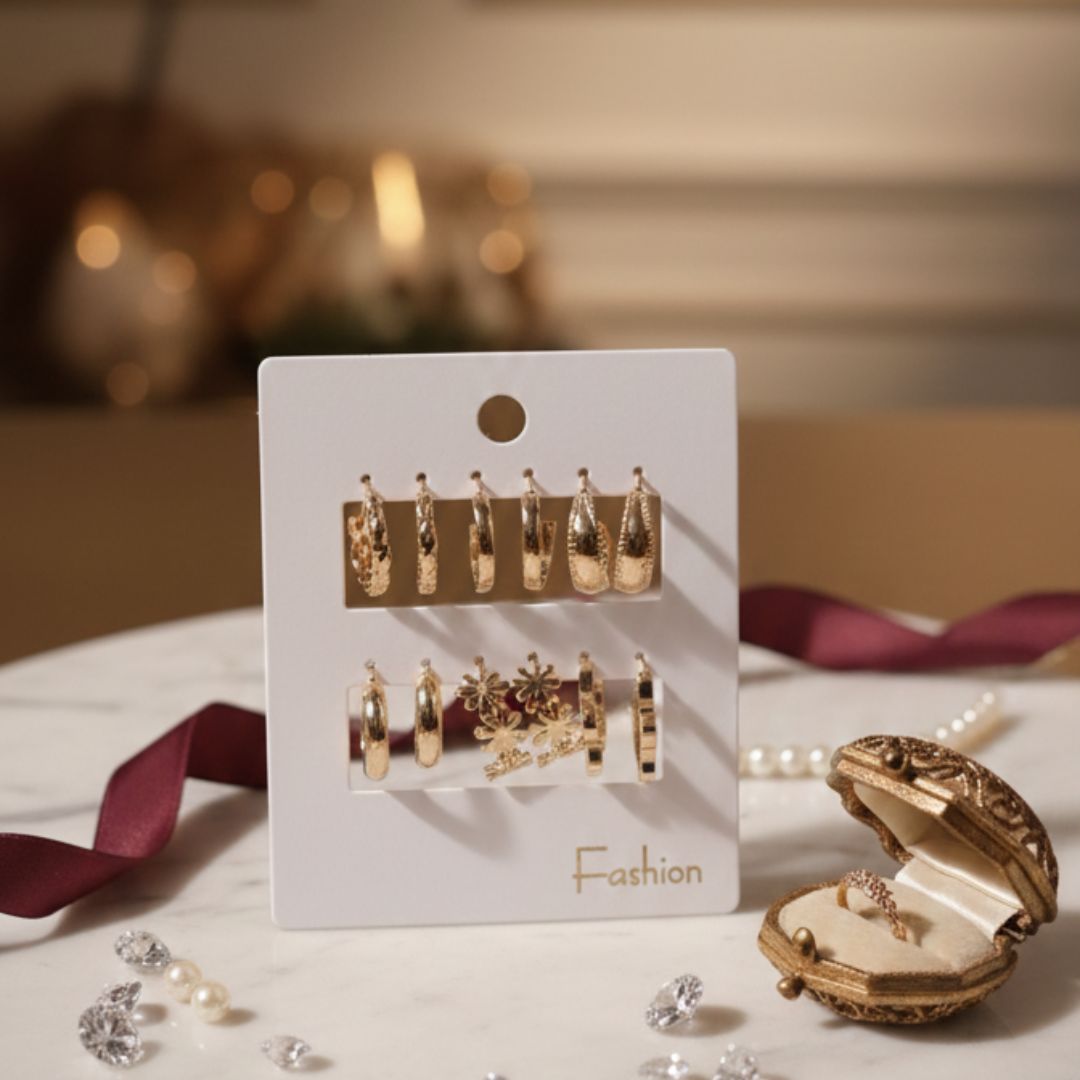 6 Pairs Gold Finish Hoop Earrings Combo for Women | Daily Wear Earrings Set