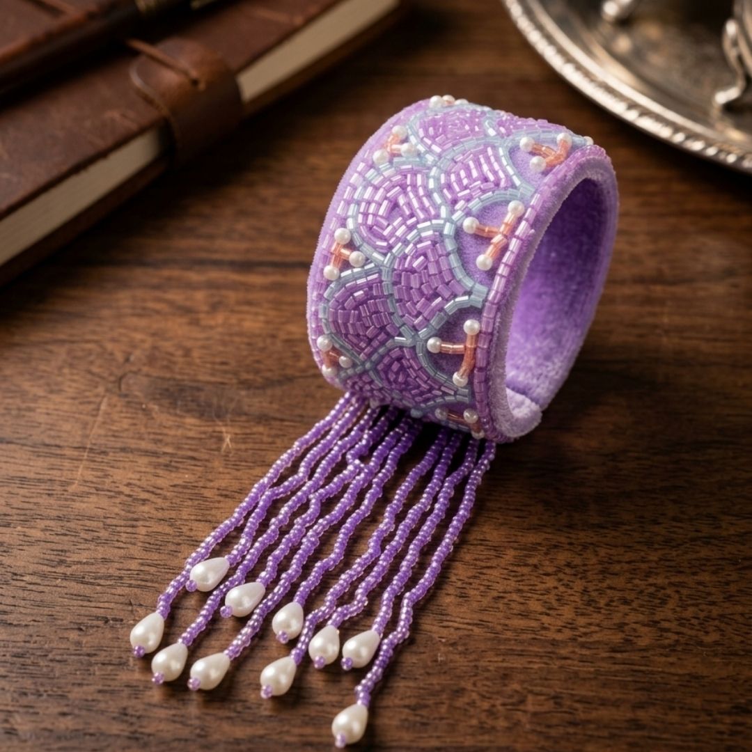 Handmade Lavender Velvet Beaded Cuff Bracelet with Pearl Accents & Fringe