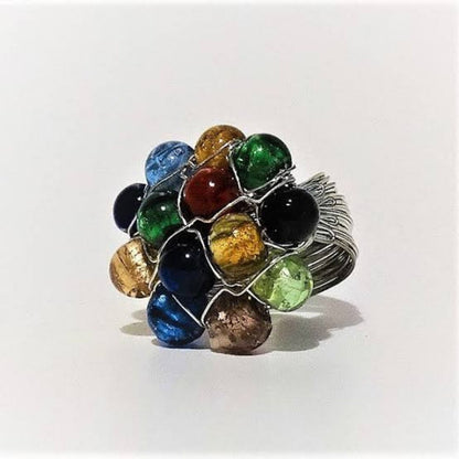 Handmade Multi Color Beaded Wire Wrap Cluster Ring
