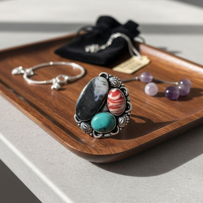 Natural Multi-Stone Oxidised Silver Statement Ring