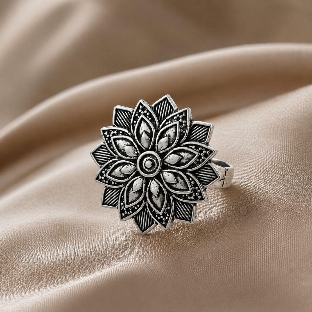 Oxidized German Silver Floral Mandala Statement Ring