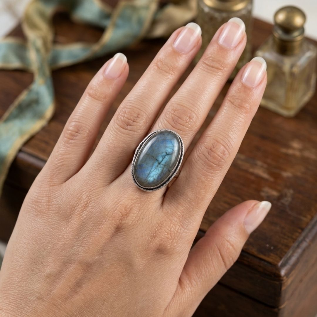 Oxidised Oval Labradorite Sterling Silver Ring