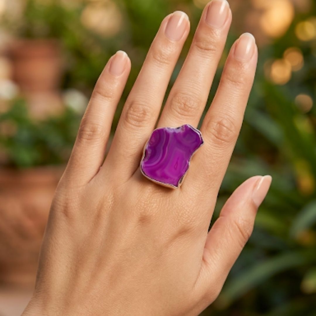 Natural Purple Agate Freeform Ring in German Oxidized Silver | Adjustable Boho Statement Jewelry
