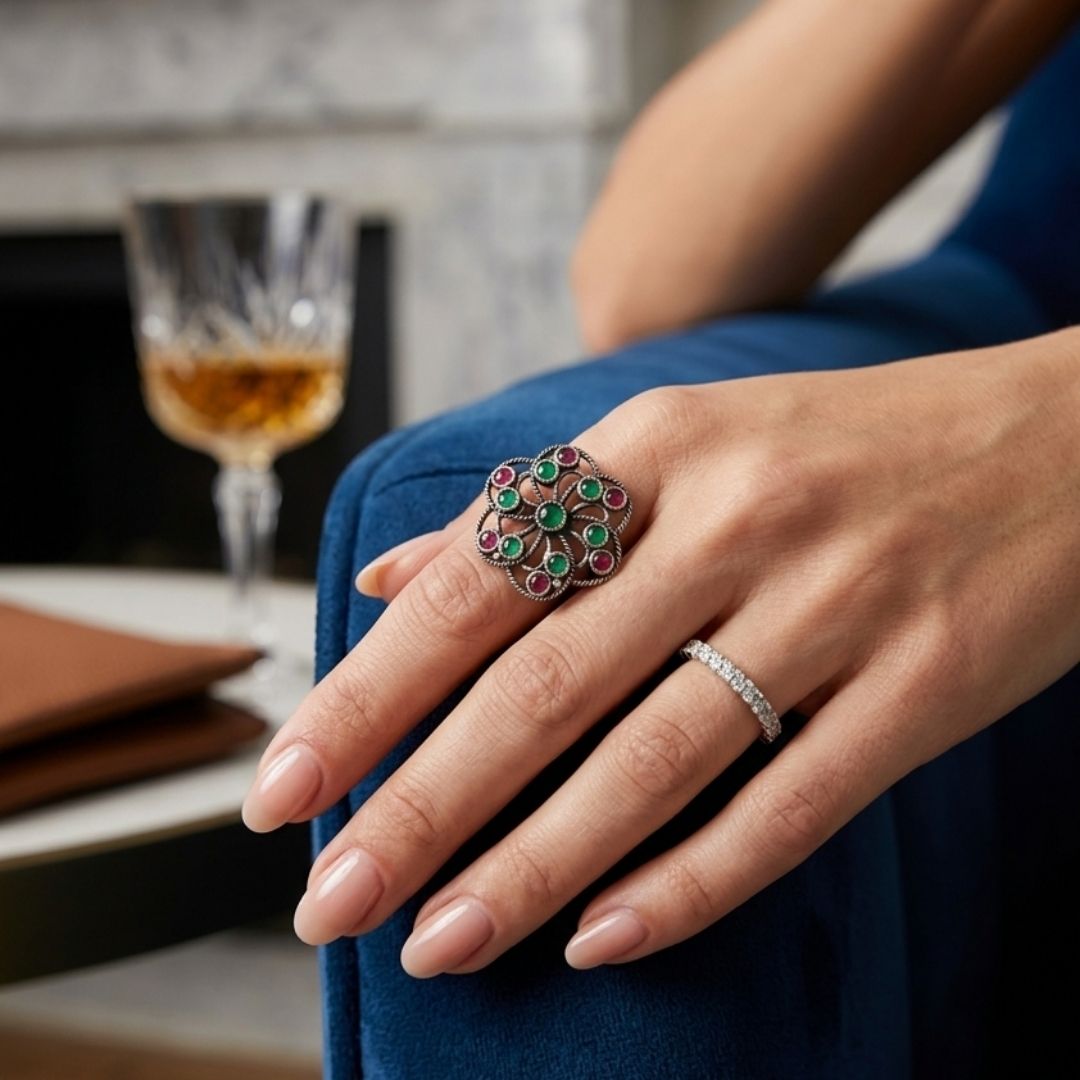 Oxidized German Silver Red & Green Stone Floral Statement Ring