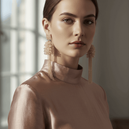 Crystal Tassel Statement Earrings Gold