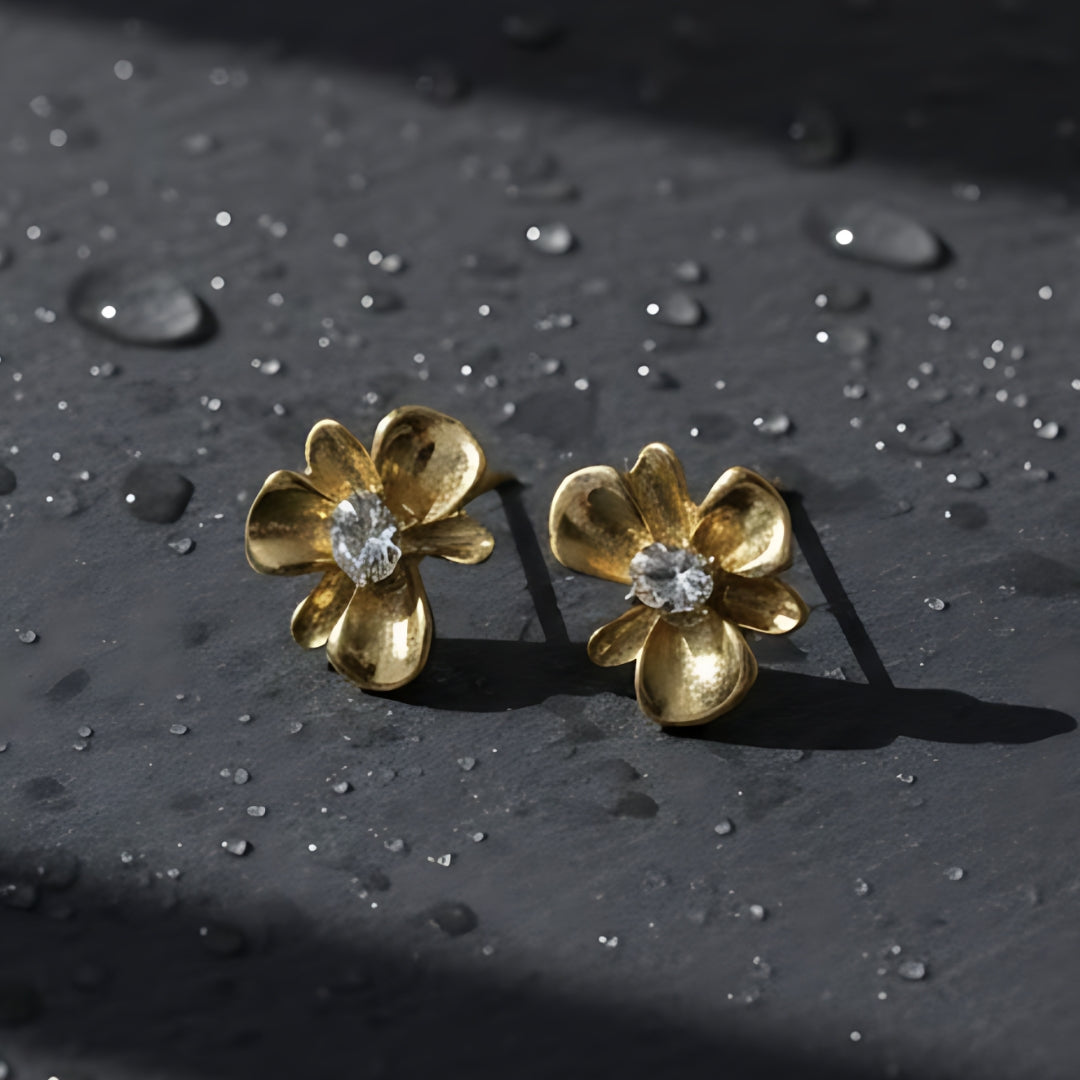 Gold Flower Crystal Stud Earrings