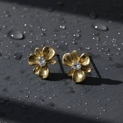 Gold Flower Crystal Stud Earrings