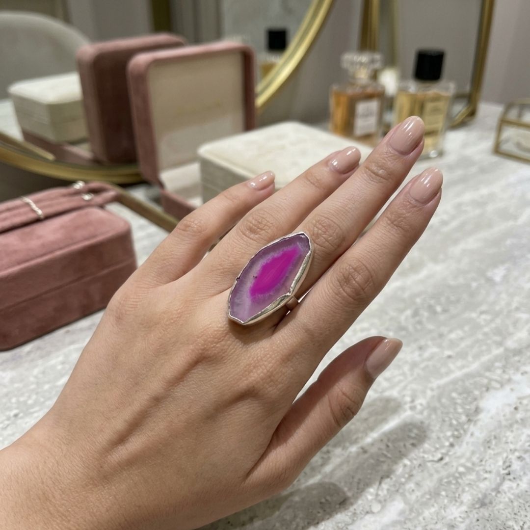 German Oxidized Silver Marquise Ring with Natural Purple Agate Stone | Adjustable Handmade Jewelry