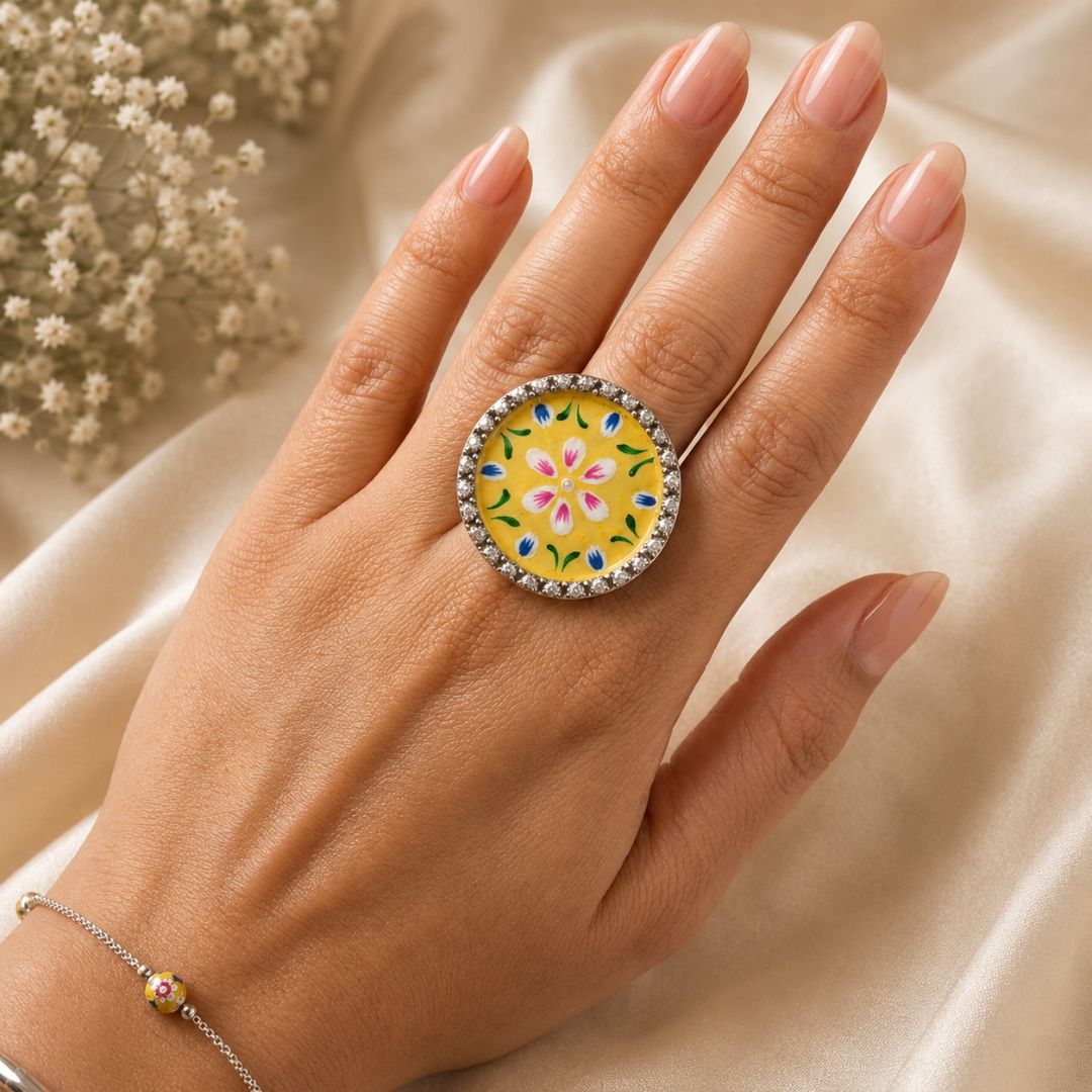 Elegant Meenakari Yellow Floral Silver Adjustable Finger Ring