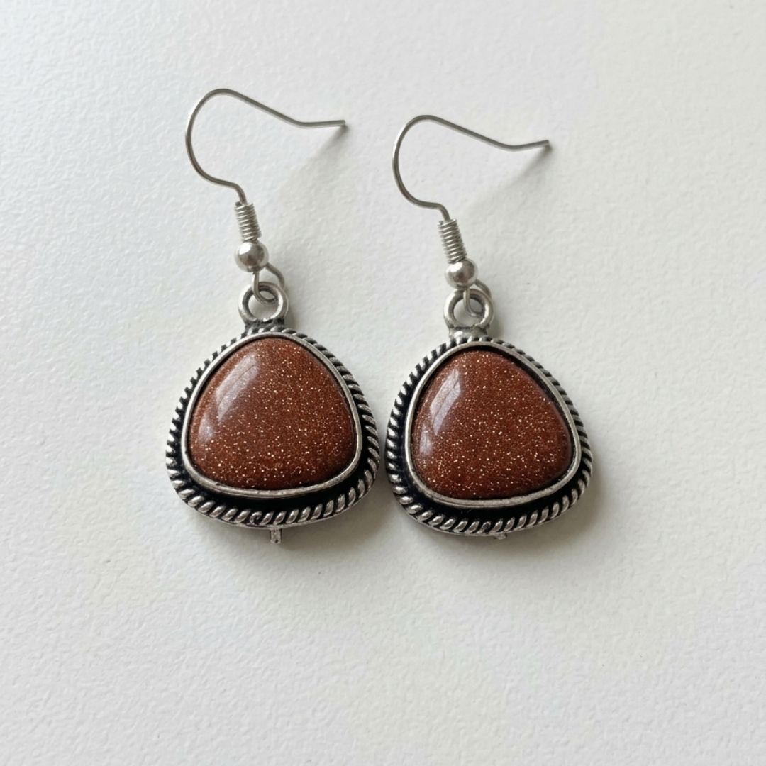 Vintage Goldstone Drop Earrings – Antique Silver-Tone Sparkle Dangle Earrings