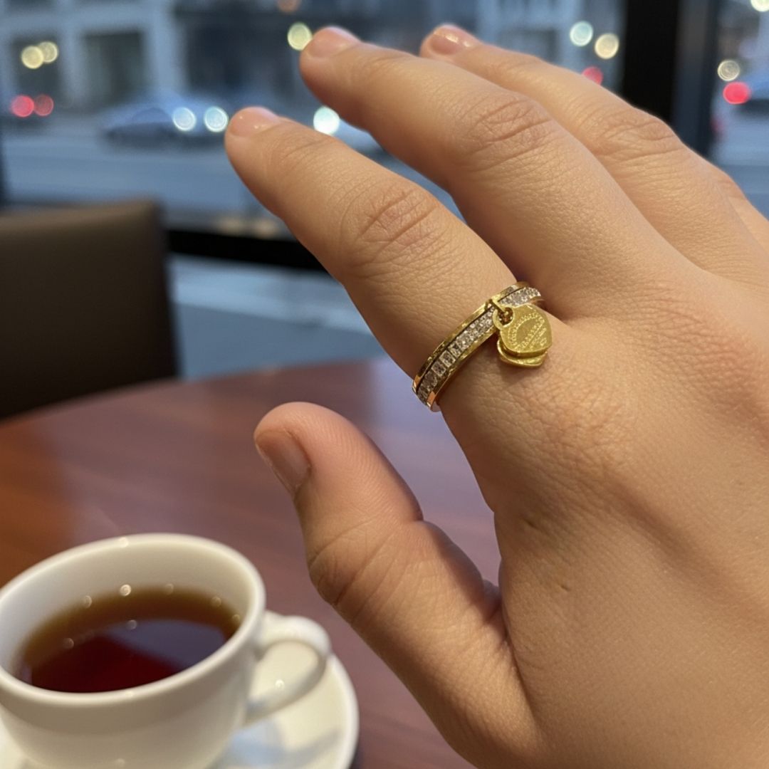 Minimal Heart Charm Crystal Ring – 18K Gold Plated
