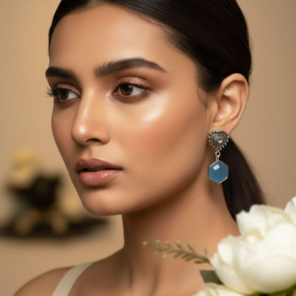 Oxidised Silver Drop Earrings with Blue Stone Accent