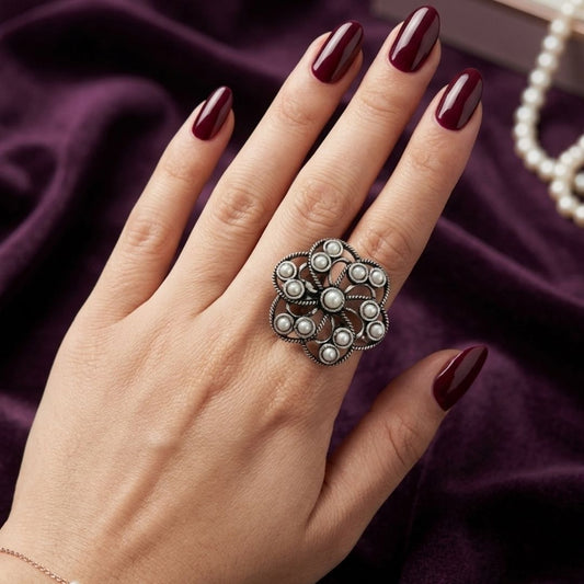 Oxidized German Silver Floral Pearl Statement Ring