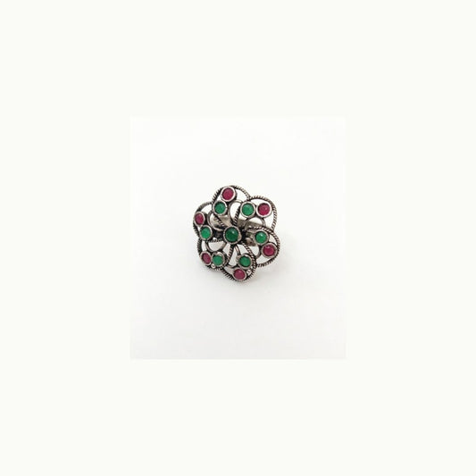Oxidized German Silver Red & Green Stone Floral Statement Ring