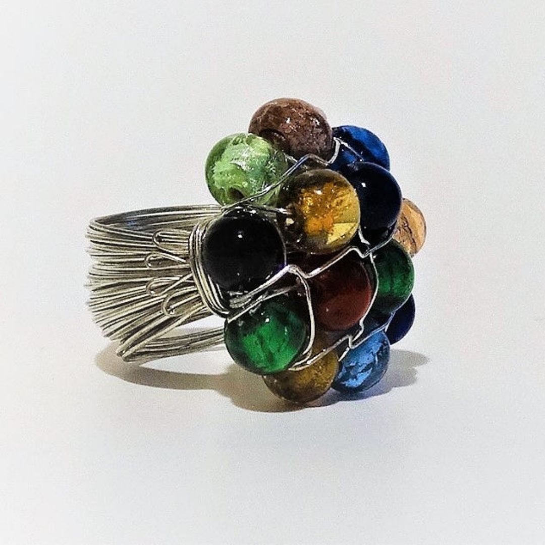 Handmade Multi Color Beaded Wire Wrap Cluster Ring