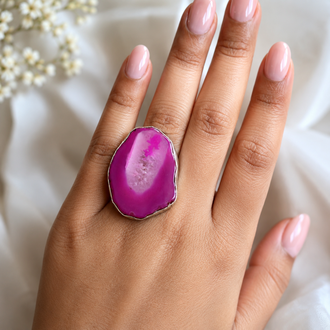Vibrant Pink Agate Statement Ring